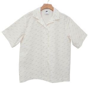 Nike Shirt Womens Small White Allover Swoosh Button Up Short Sleeve Activewear